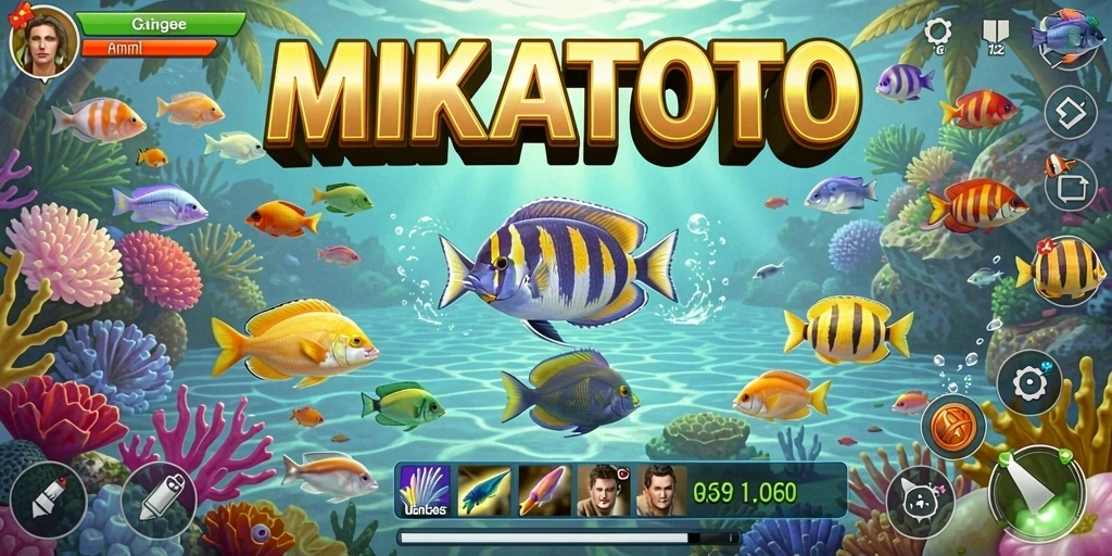 Screenshot gameplay MIKATOTO yang menampilkan perburuan ikan.