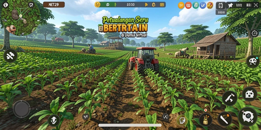 Tampilan gameplay NET29 dengan berbagai aktivitas pertanian.