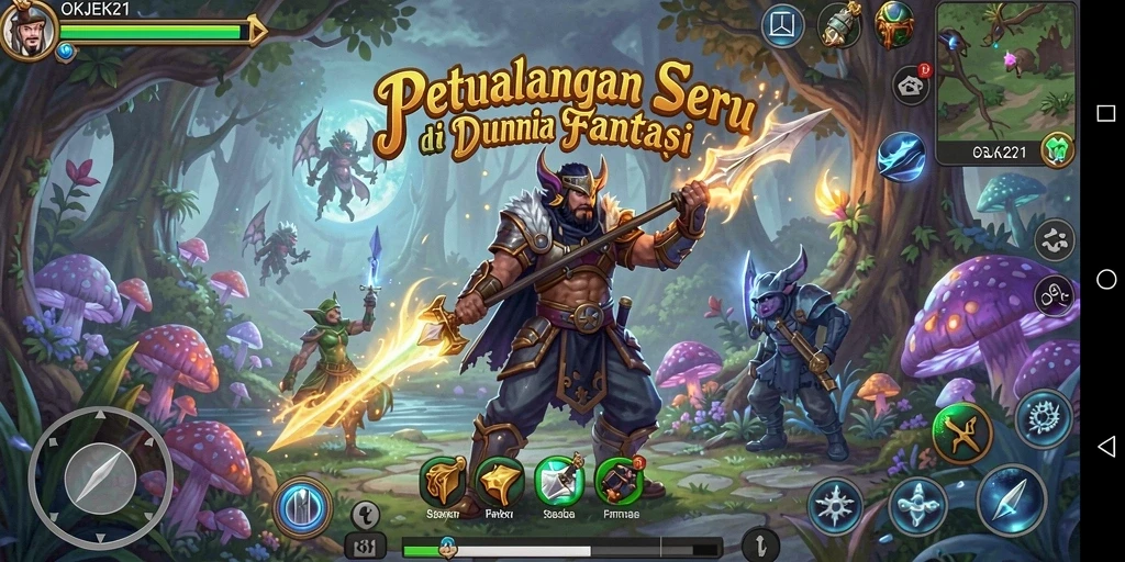 Screenshot gameplay OKJEK21 menampilkan petualangan epik di dunia fantasi.