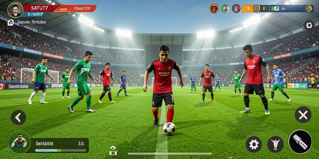 Tampilan gameplay <strong>SATU77</strong> yang seru dan interaktif di lapangan sepak bola.
